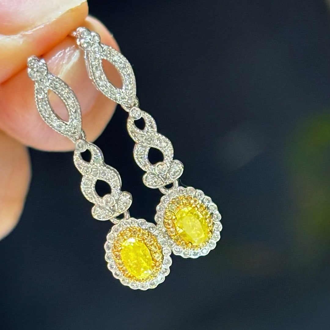 14k Gold 0.8 Ctw Natural Yellow Diamond & Diamond Earrings - 2