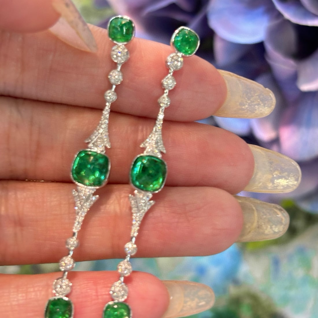 14k Gold 4.5 Ct Natural Emerald & Diamond Earrings - 4