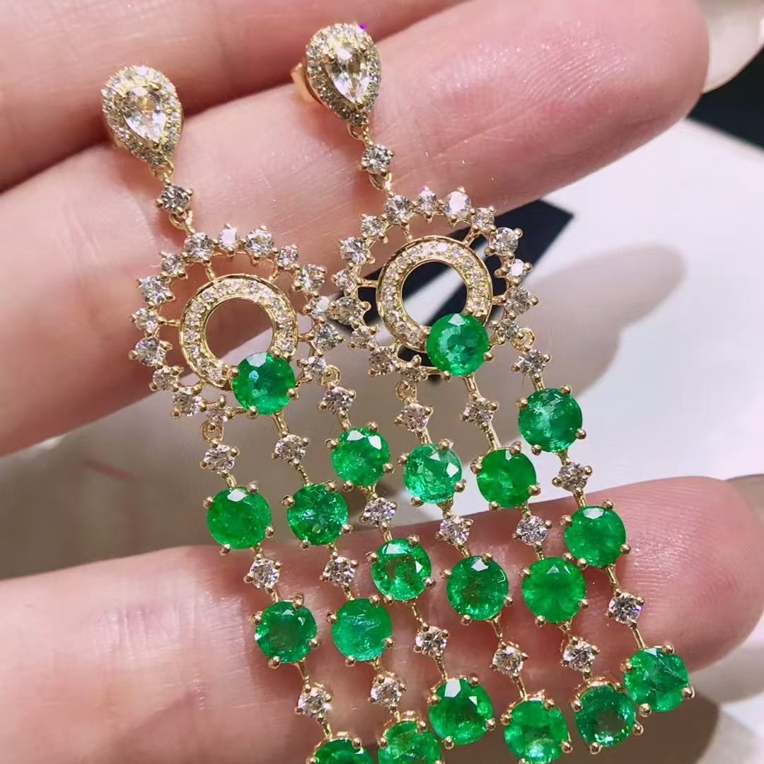 14k Gold 5.4 Ct Natural Emerald & Diamond & Sapphire Earrings - 2