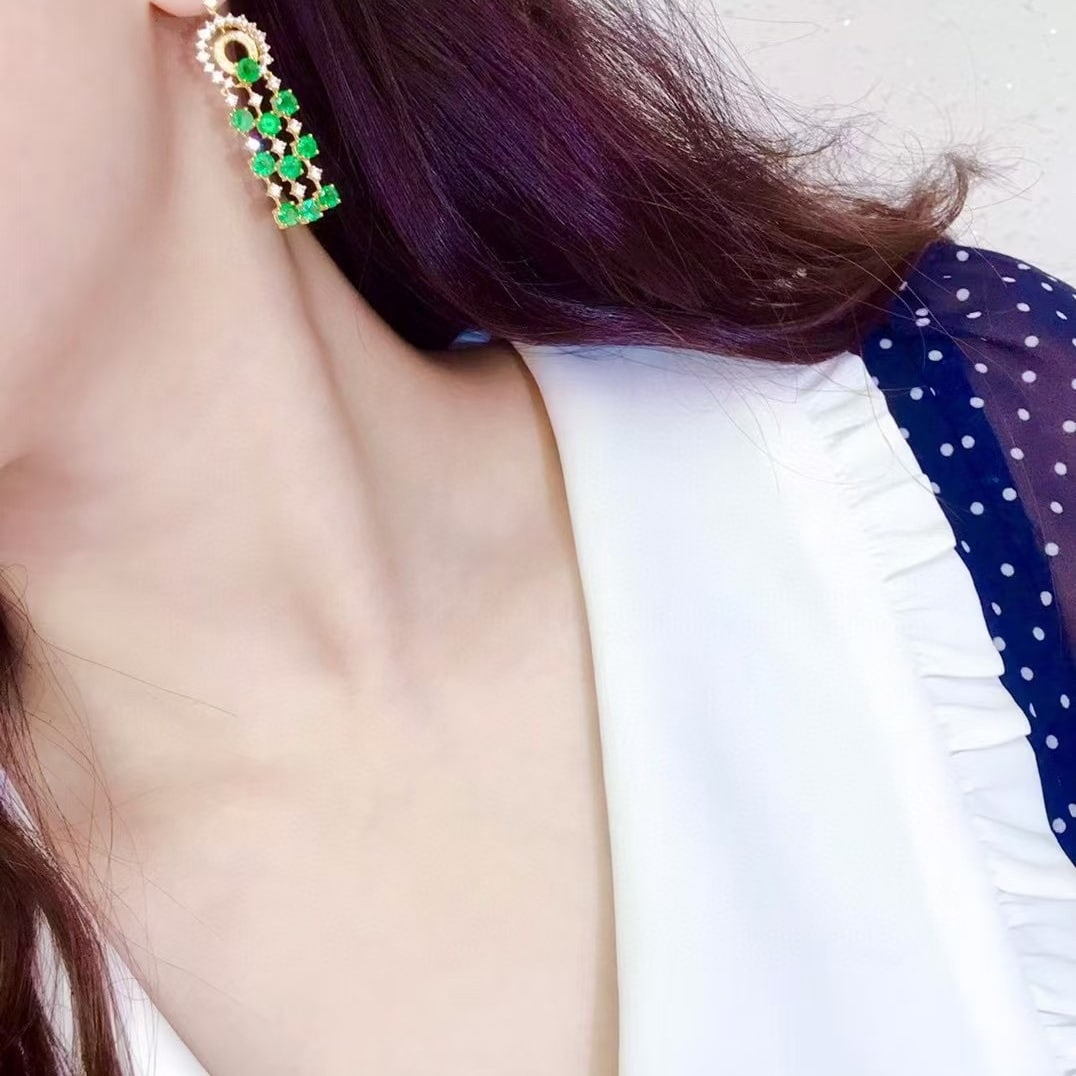 14k Gold 5.4 Ct Natural Emerald & Diamond & Sapphire Earrings - 3