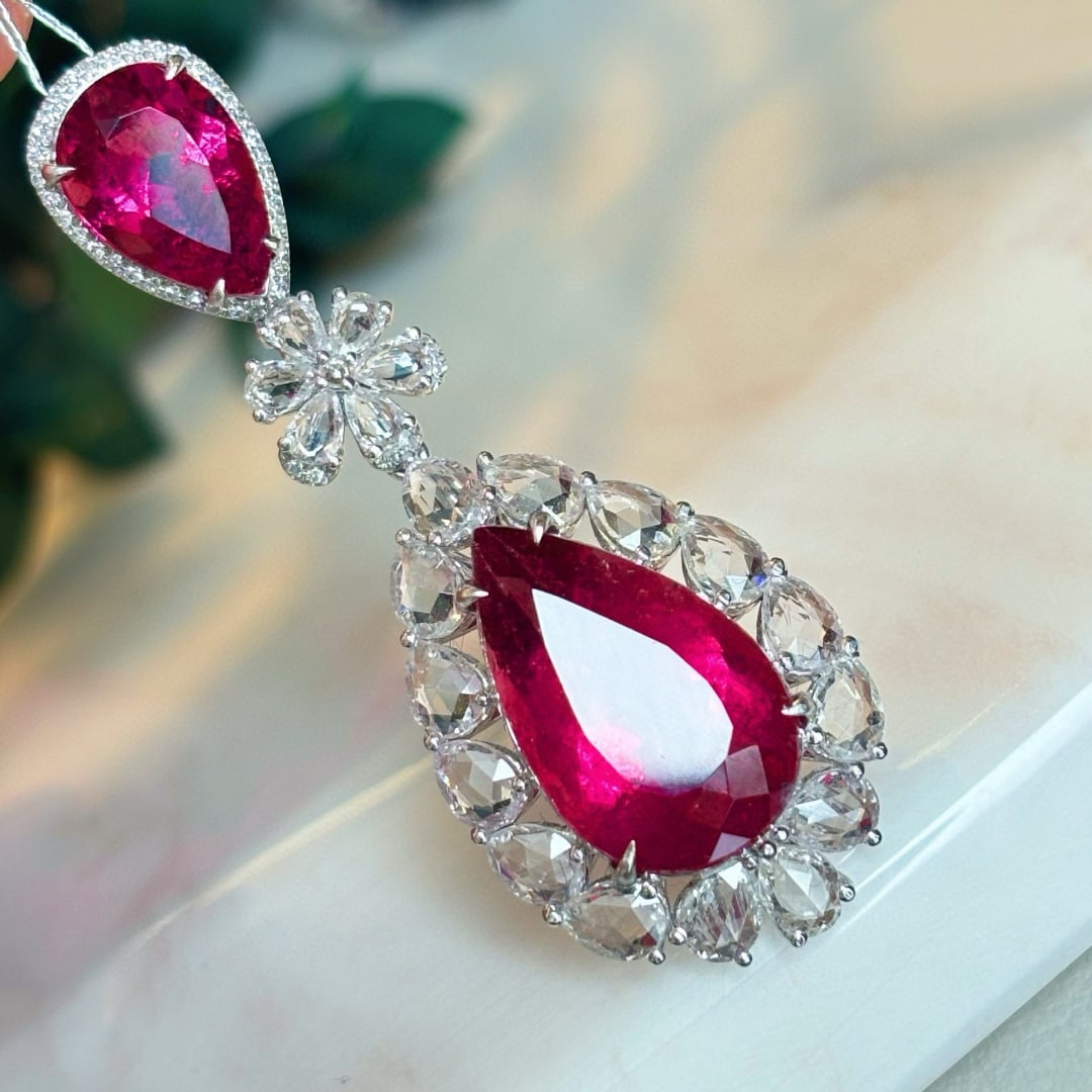 14k Gold 8.1 Ct Natural Tourmaline & Sapphire & Diamond Pendant( Without Chain ) - 2