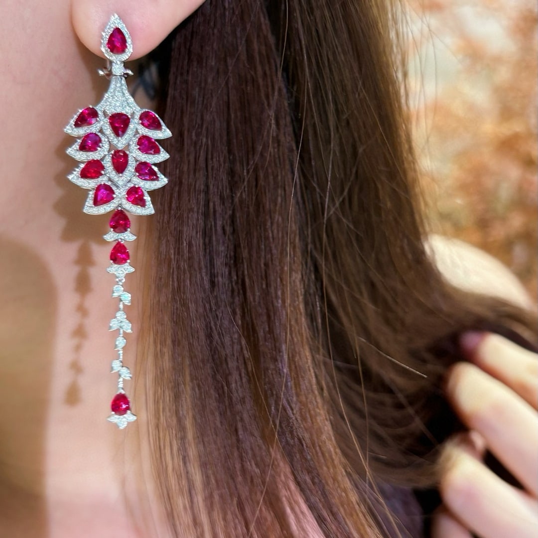 14k Gold 11.6 Ct Natural Ruby & Diamond Earrings - 4