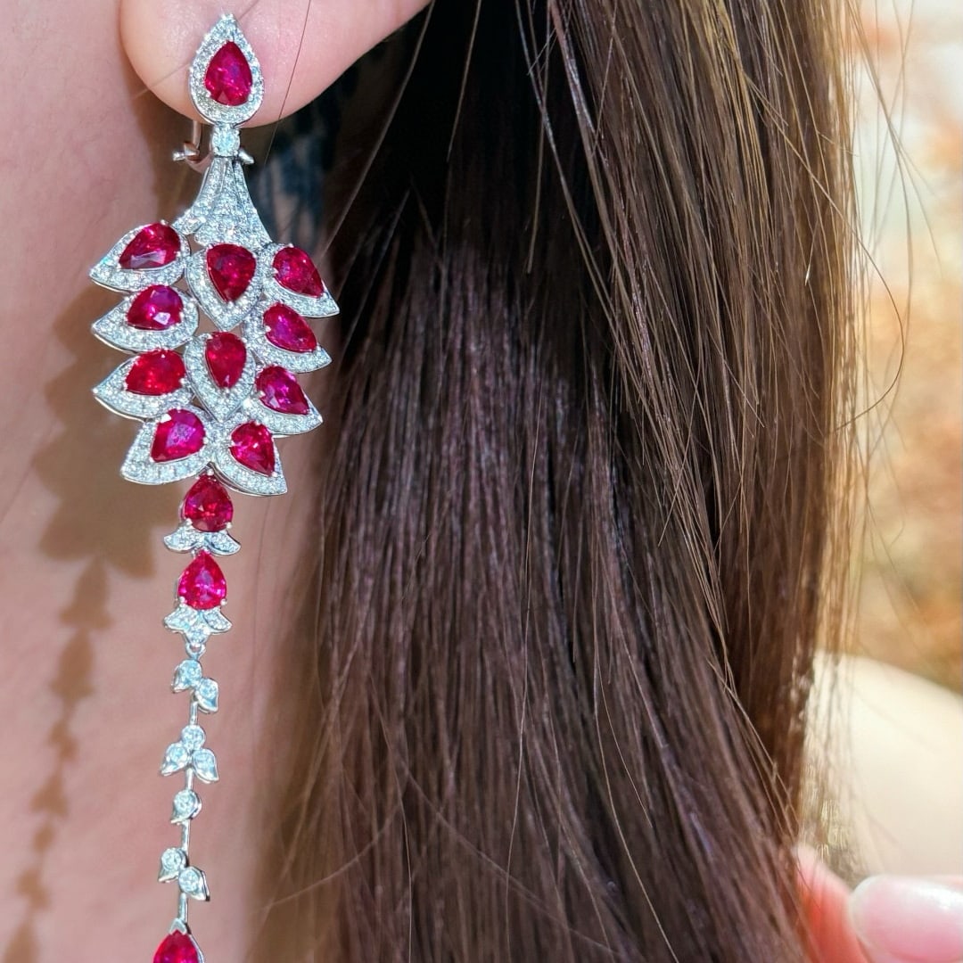 14k Gold 11.6 Ct Natural Ruby & Diamond Earrings - 6