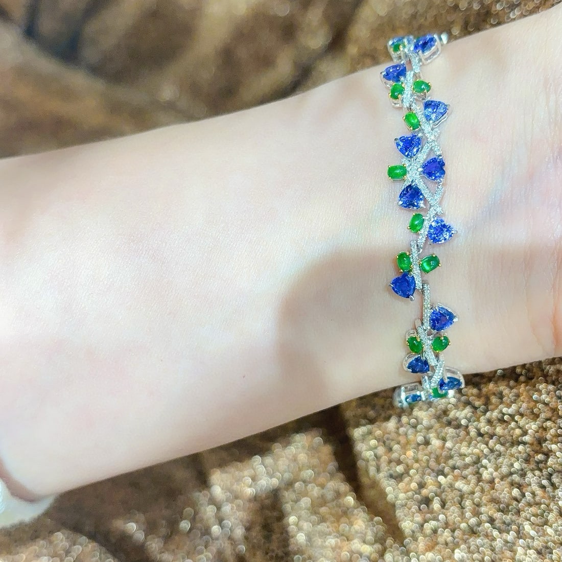 14k Gold 7.5 Ct Natural Sapphire & Emerald & Diamond Bracelet - 6