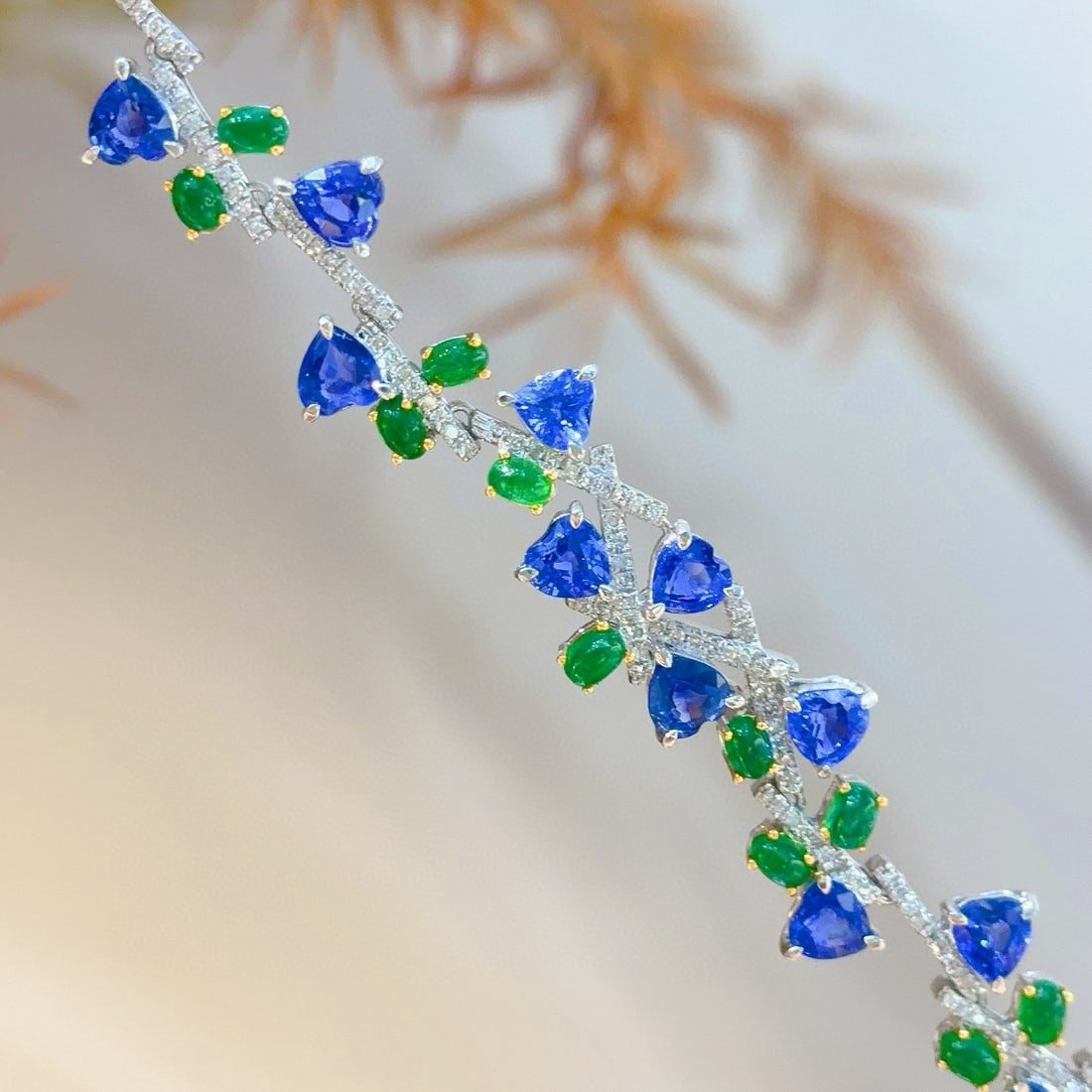 14k Gold 7.5 Ct Natural Sapphire & Emerald & Diamond Bracelet - 7