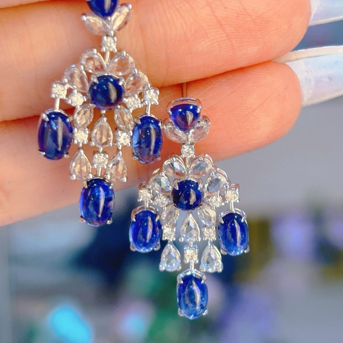 14k Gold 6.1 Ct Natural Sapphire & Sapphire & Diamond Earrings (1 of 5)