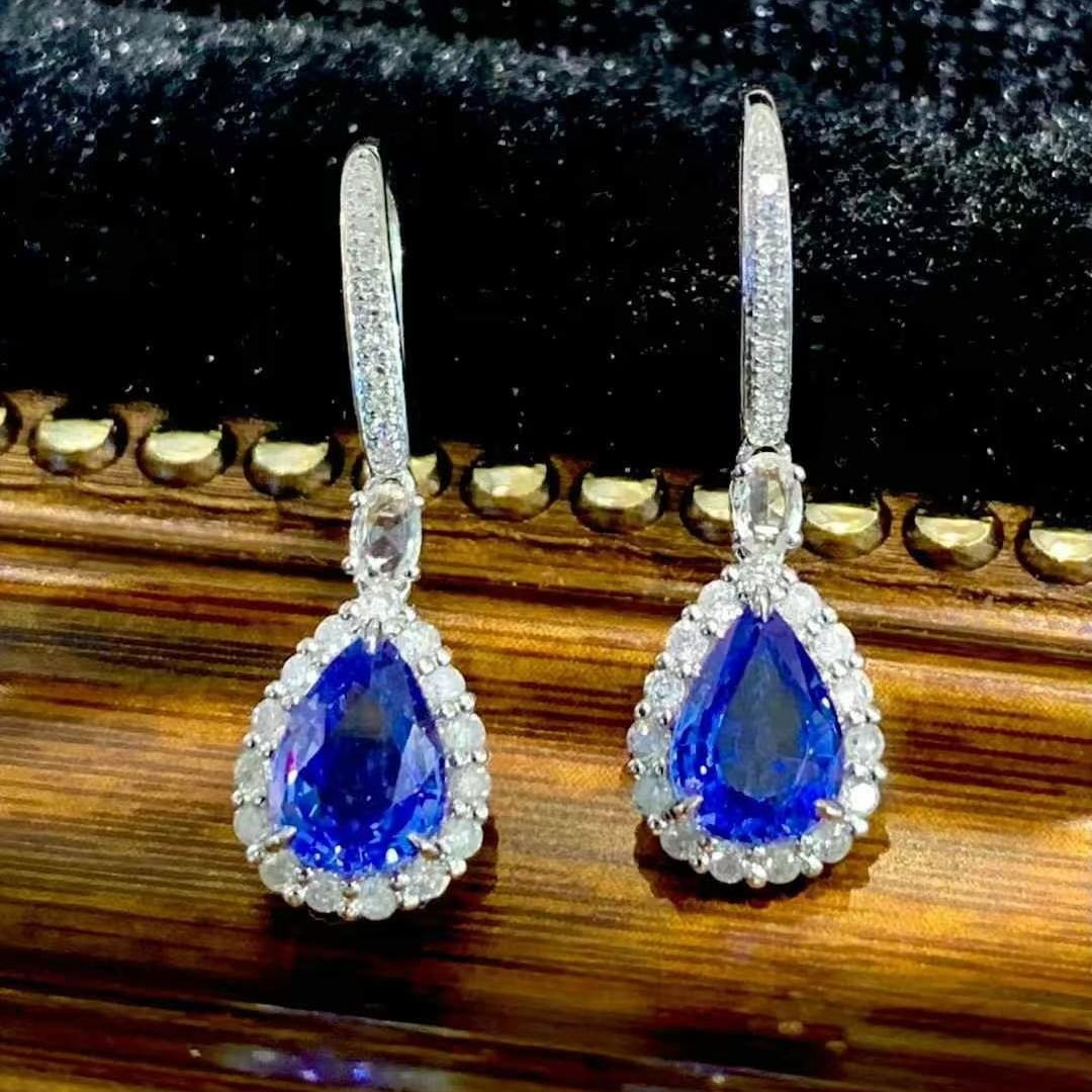 14k Gold 1.85 Ct Vivid Blue Natural Sapphire & Diamond & Sapphire Earrings - 4