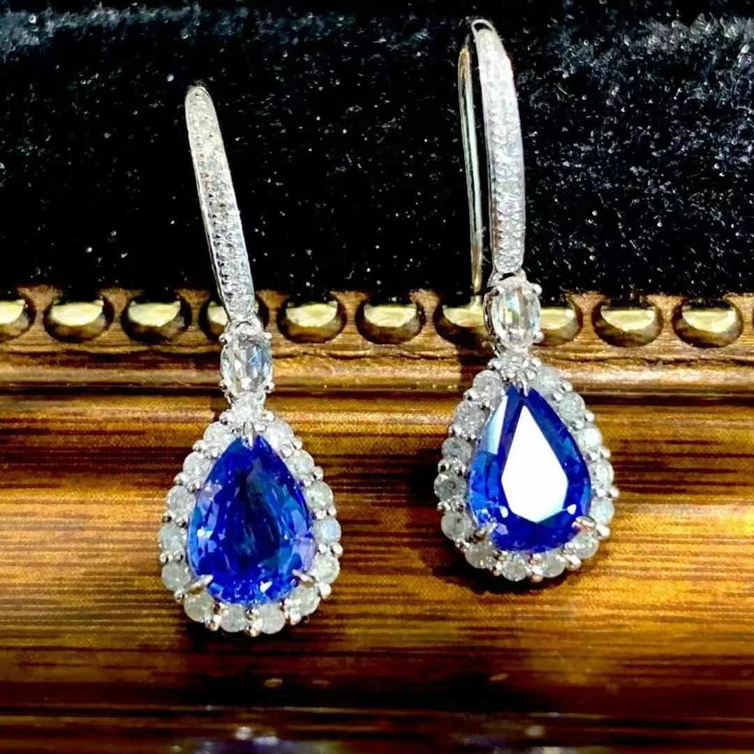 14k Gold 1.85 Ct Vivid Blue Natural Sapphire & Diamond & Sapphire Earrings - 5