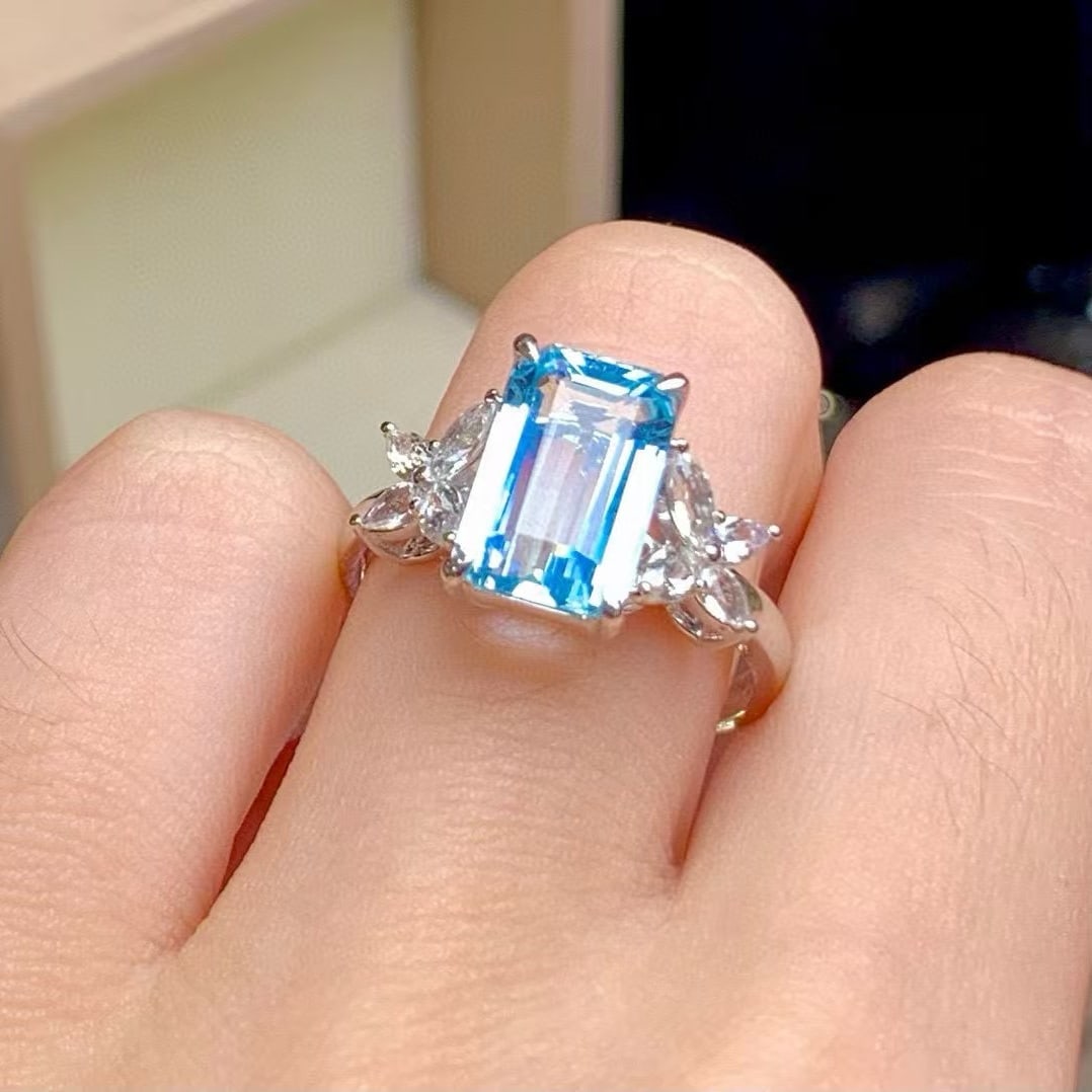 14k Gold 2.85 Ct Natural Aquamarine & Sapphire Ring - 5