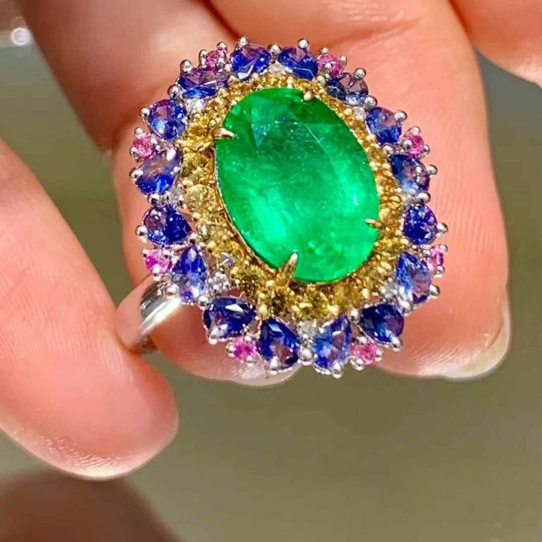 14k Gold 3.35 Ct Natural Emerald & Sapphire Ring - 3