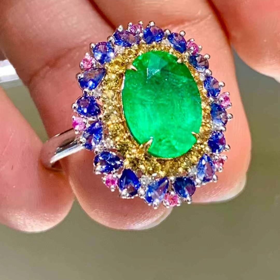 14k Gold 3.35 Ct Natural Emerald & Sapphire Ring - 5