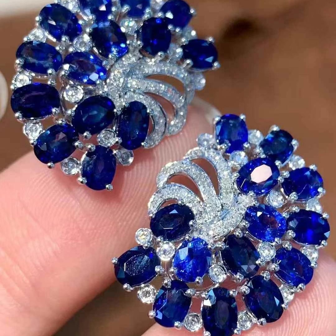 14k Gold 7 Ct Natural Sapphire & Diamond Earrings - 2