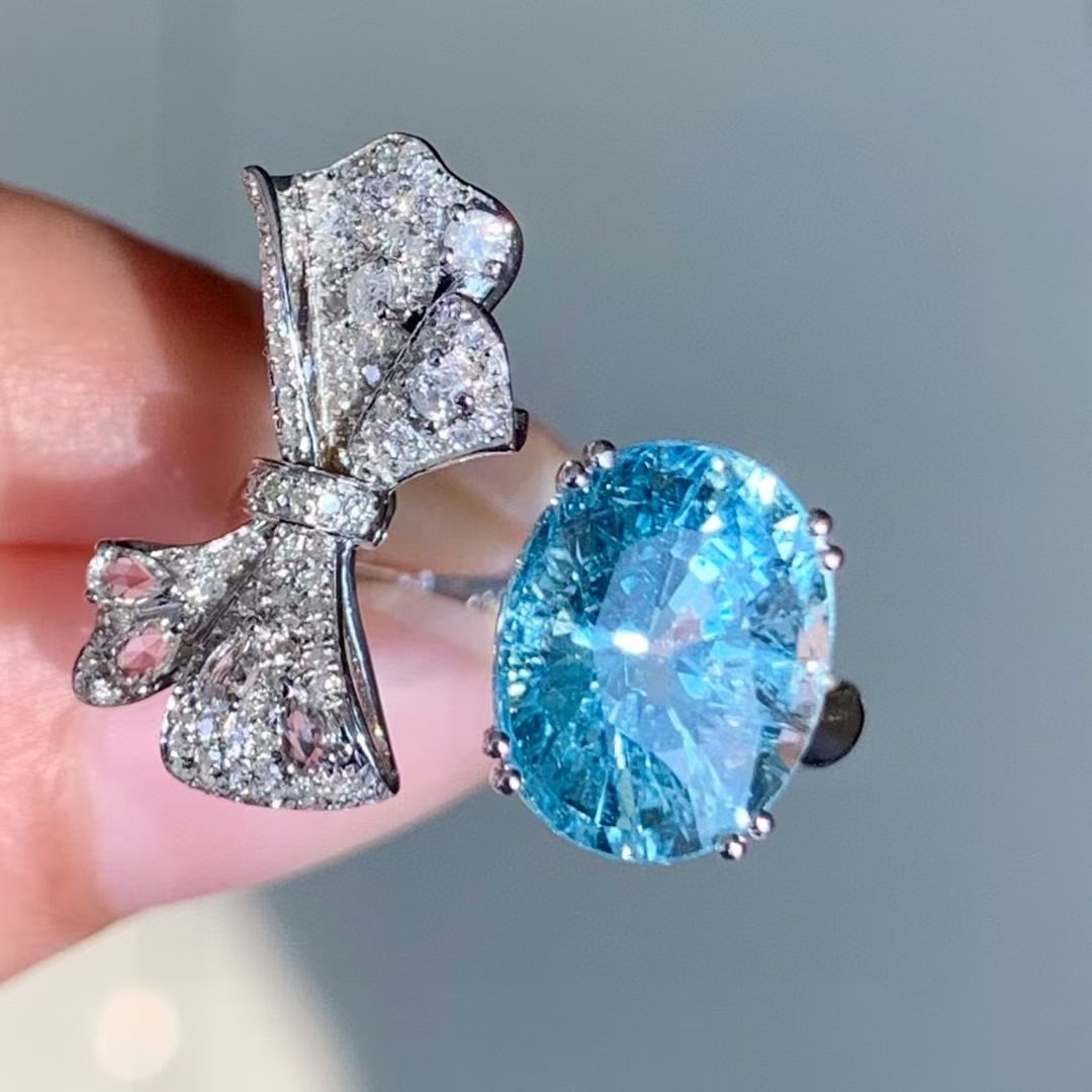 14k Gold 4.25 Ct Natural Aquamarine & Diamond Ring - 5