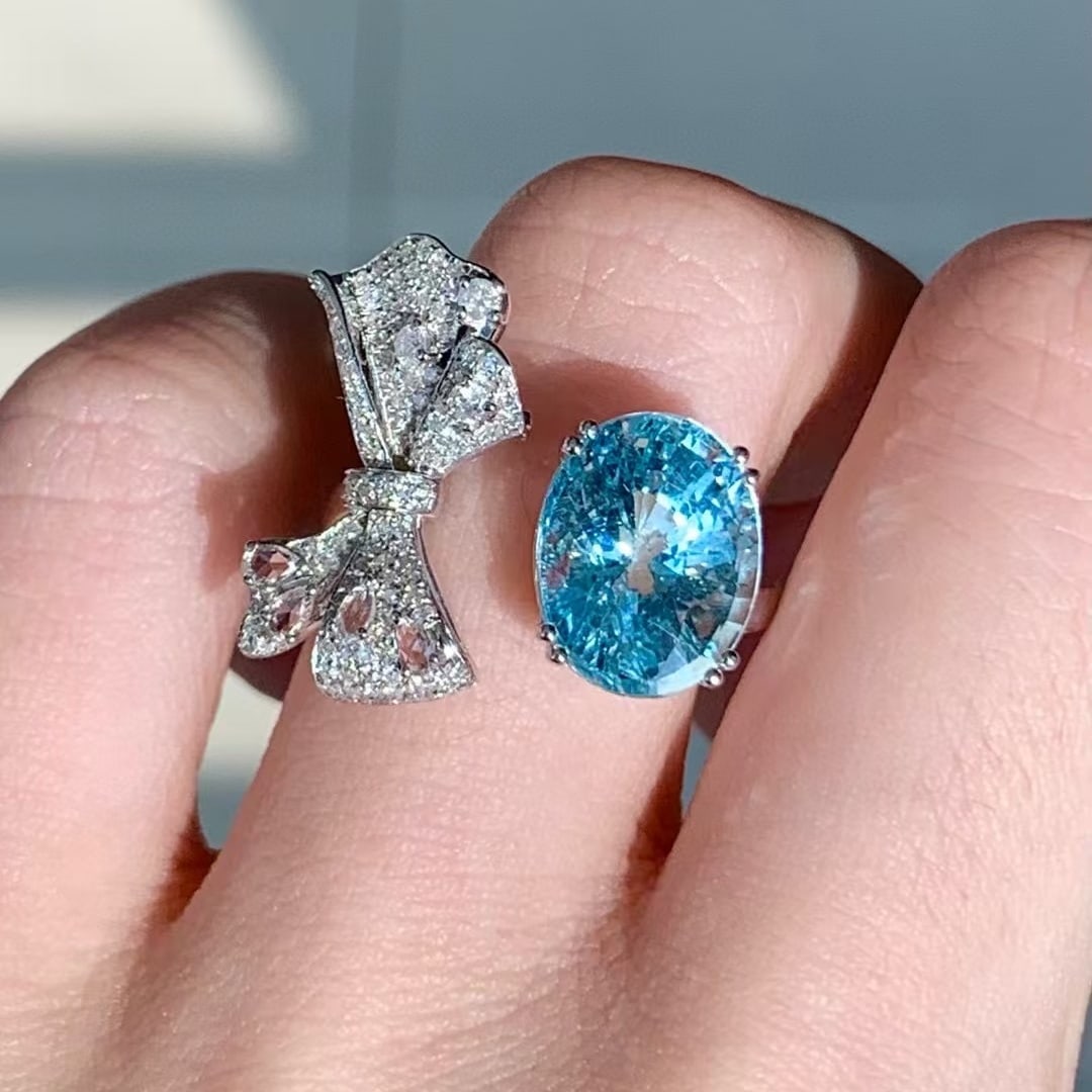 14k Gold 4.25 Ct Natural Aquamarine & Diamond Ring - 6