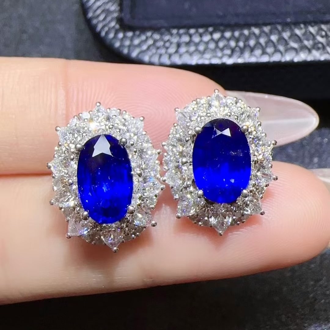14k Gold 5.66 Ctw Vivid Blue Natural Sapphire & Diamond Earrings - 2
