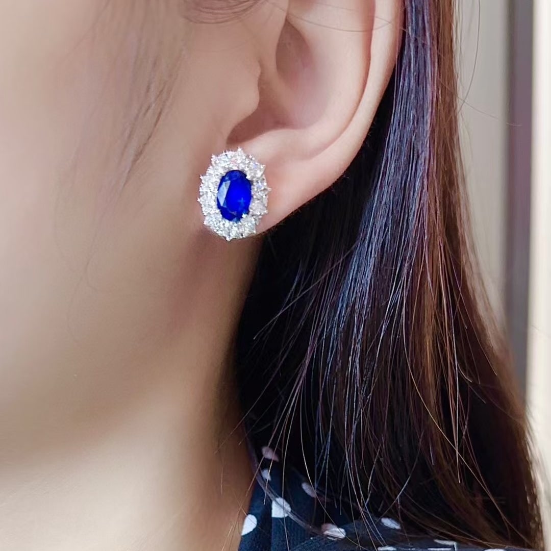 14k Gold 5.66 Ctw Vivid Blue Natural Sapphire & Diamond Earrings - 4