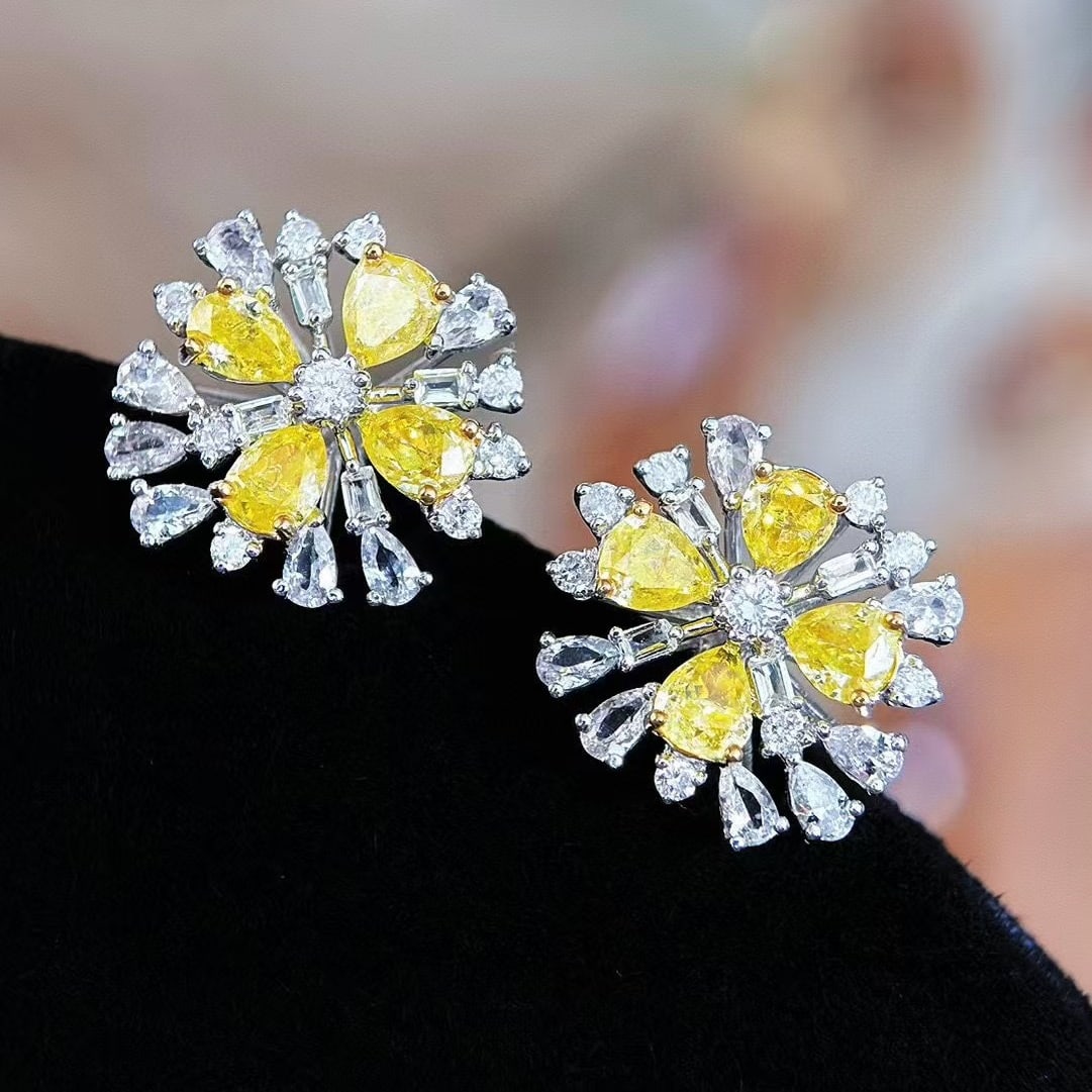 14k Gold 1 Ct Natural Yellow Diamond & Sapphire & Diamond Earrings - 2