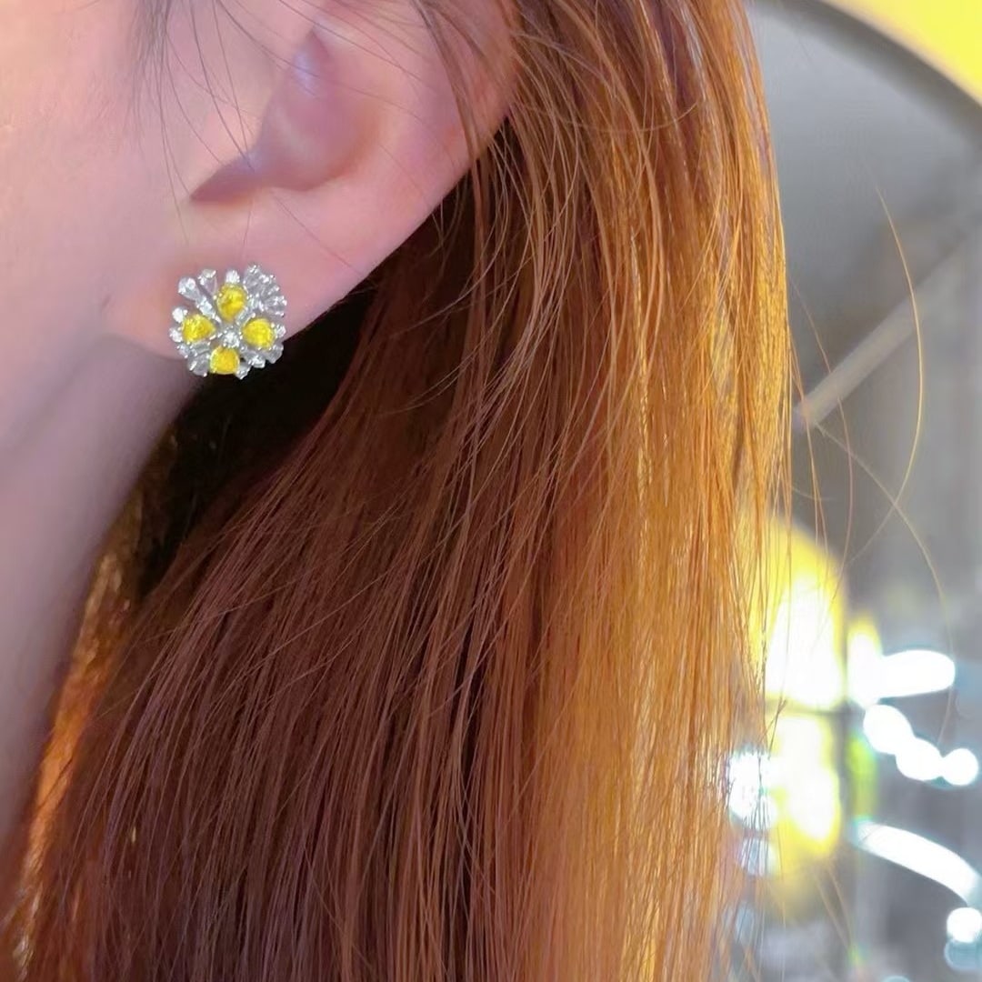 14k Gold 1 Ct Natural Yellow Diamond & Sapphire & Diamond Earrings - 5