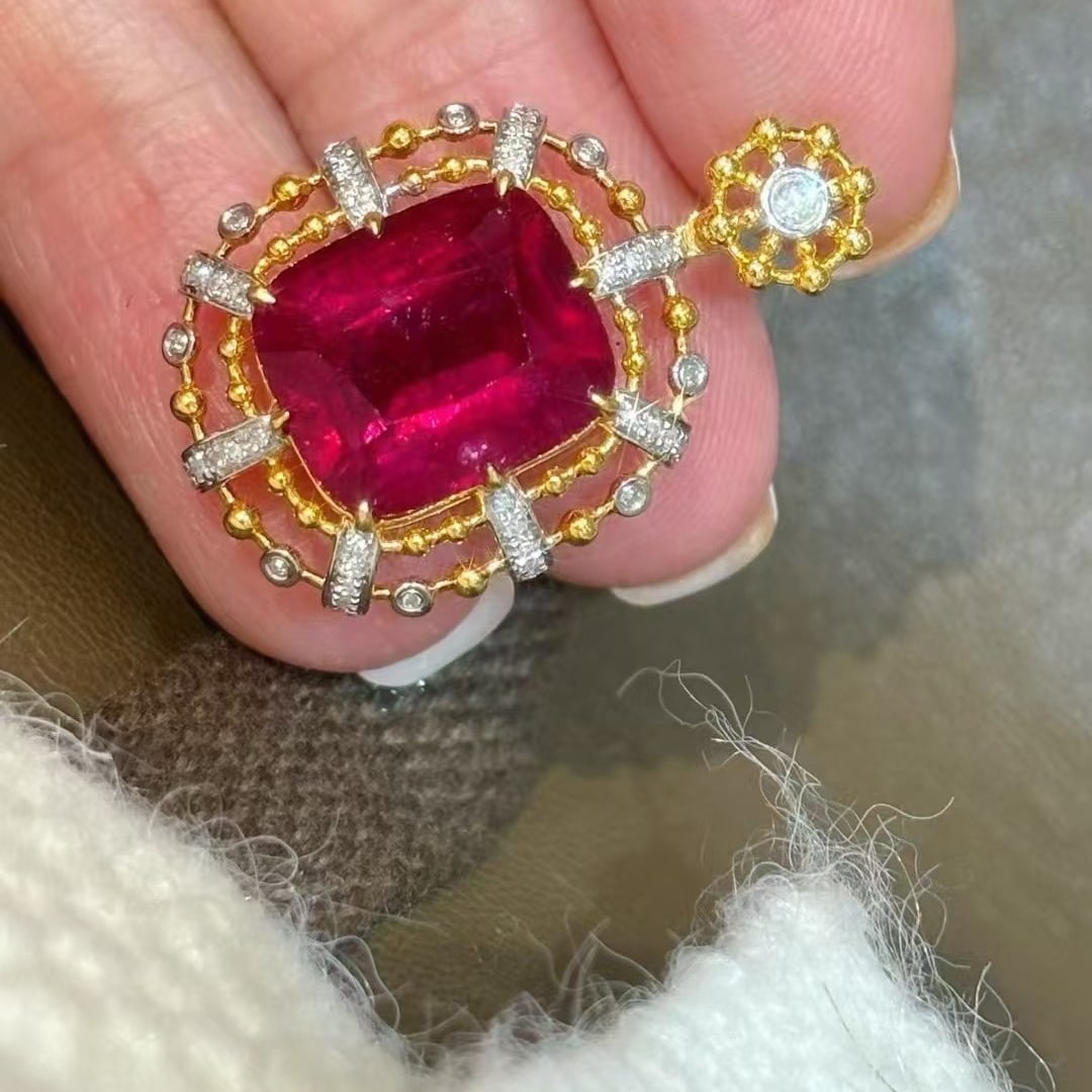 14k Gold 7.19 Ctw Natural Tourmaline & Diamond Pendant( Without Chain ) - 2