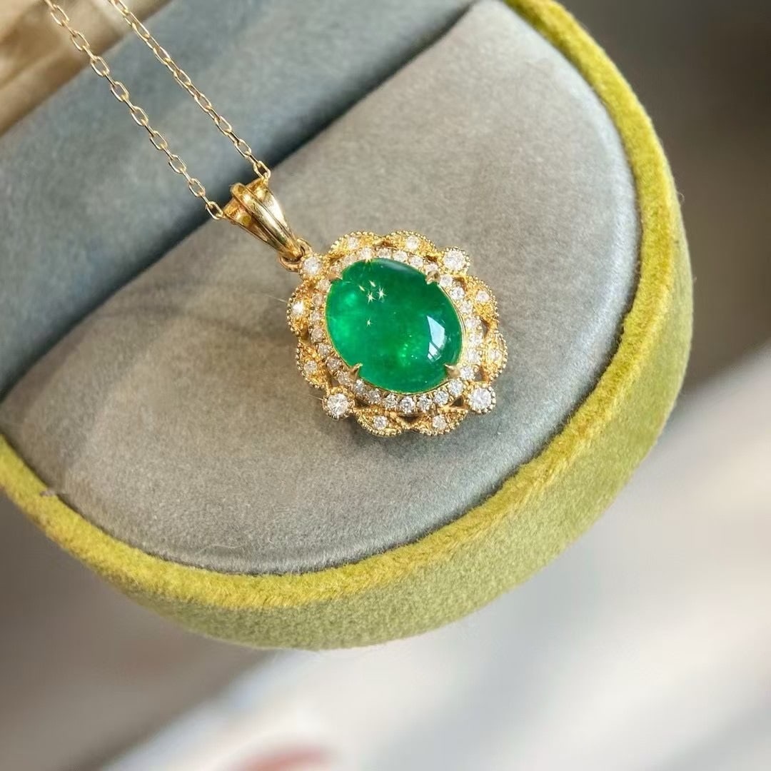 14k Gold 2.49 Ctw Natural Emerald & Diamond Pendant( Without Chain ) - 4