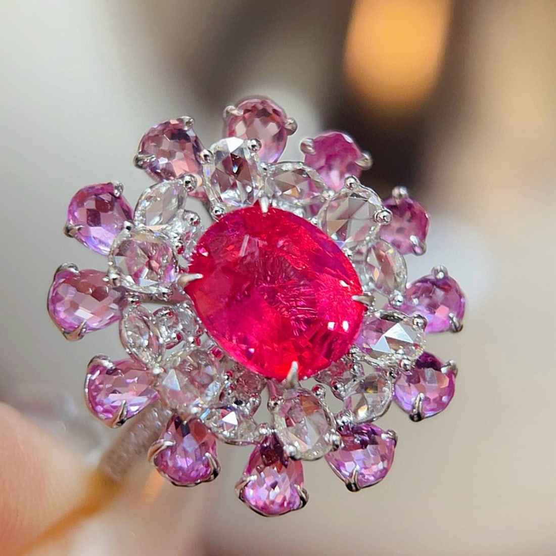 14k Gold 6.61 Ctw Natural Spinel & Padparadscha Sapphire Ring: Ref:230945102 // gold content:14k gold // ring size:7. 25us // // main gemstone:spinel // shape:oval // carat weight:2. 59ct // color:red // treatment:natural // // adjacent gemstone 2 : padparadscha
