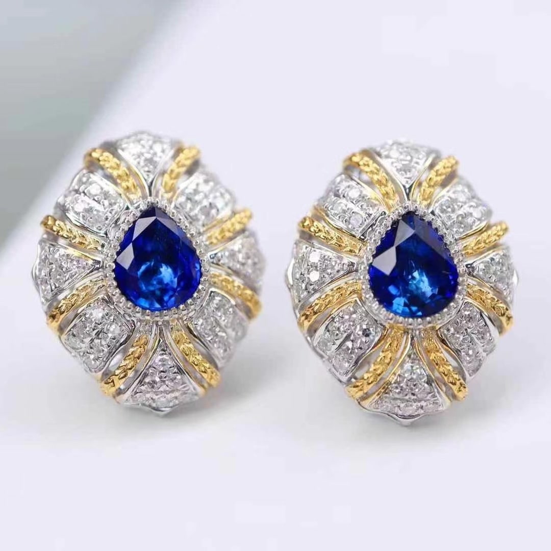 14k Gold 2.08 Ctw Natural Sapphire & Diamond Earrings: Ref:230945103 // gold content:14k gold // main gemstone:sapphire // shape:pear // carat weight:1. 6ct // color:royal blue // treatment:natural // // adjacent gemstone 2 : diamond // shape:round //