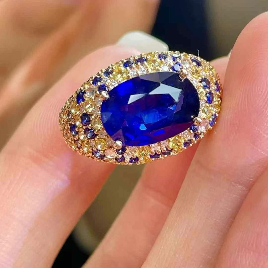 14k Gold 4 Ct Vivid Blue Natural Sapphire & Sapphire Ring - 4