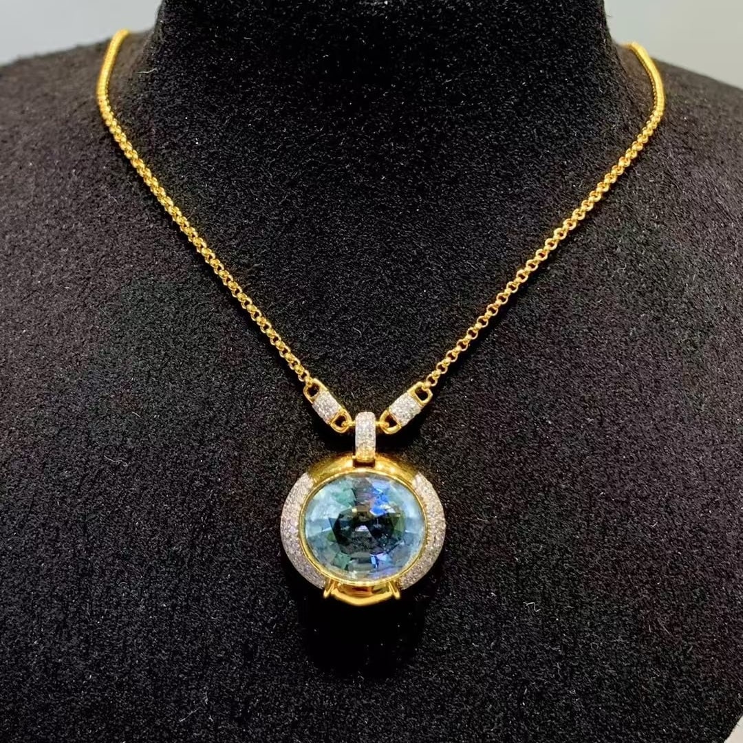 14k Gold 4.6 Ct Natural Aquamarine & Diamond Necklace - 5