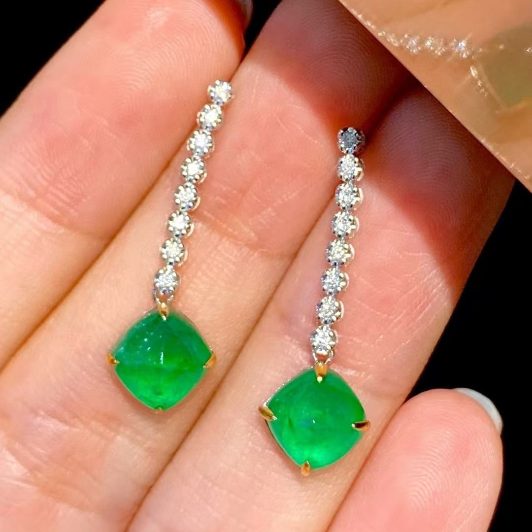 14k Gold 4.1 Ct Natural Emerald & Diamond Earrings - 2