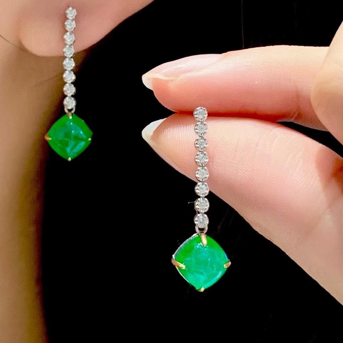 14k Gold 4.1 Ct Natural Emerald & Diamond Earrings - 4