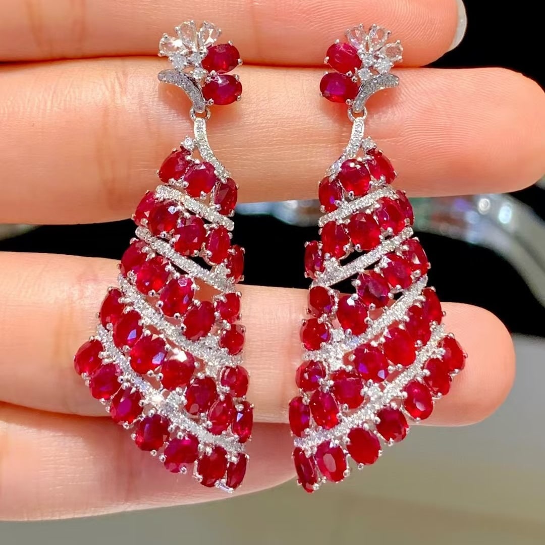 14k Gold 13.5 Ct Natural Ruby & Diamond Earrings - 4