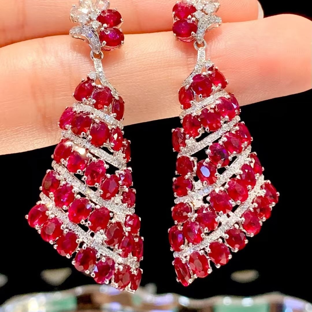 14k Gold 13.5 Ct Natural Ruby & Diamond Earrings - 6
