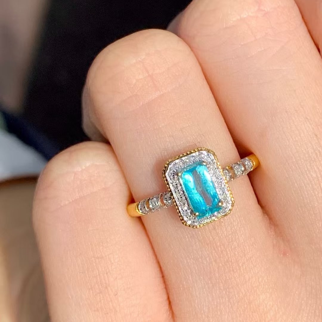 14k Gold 0.5 Ct Natural Paraiba Tourmaline & Diamond Ring - 2