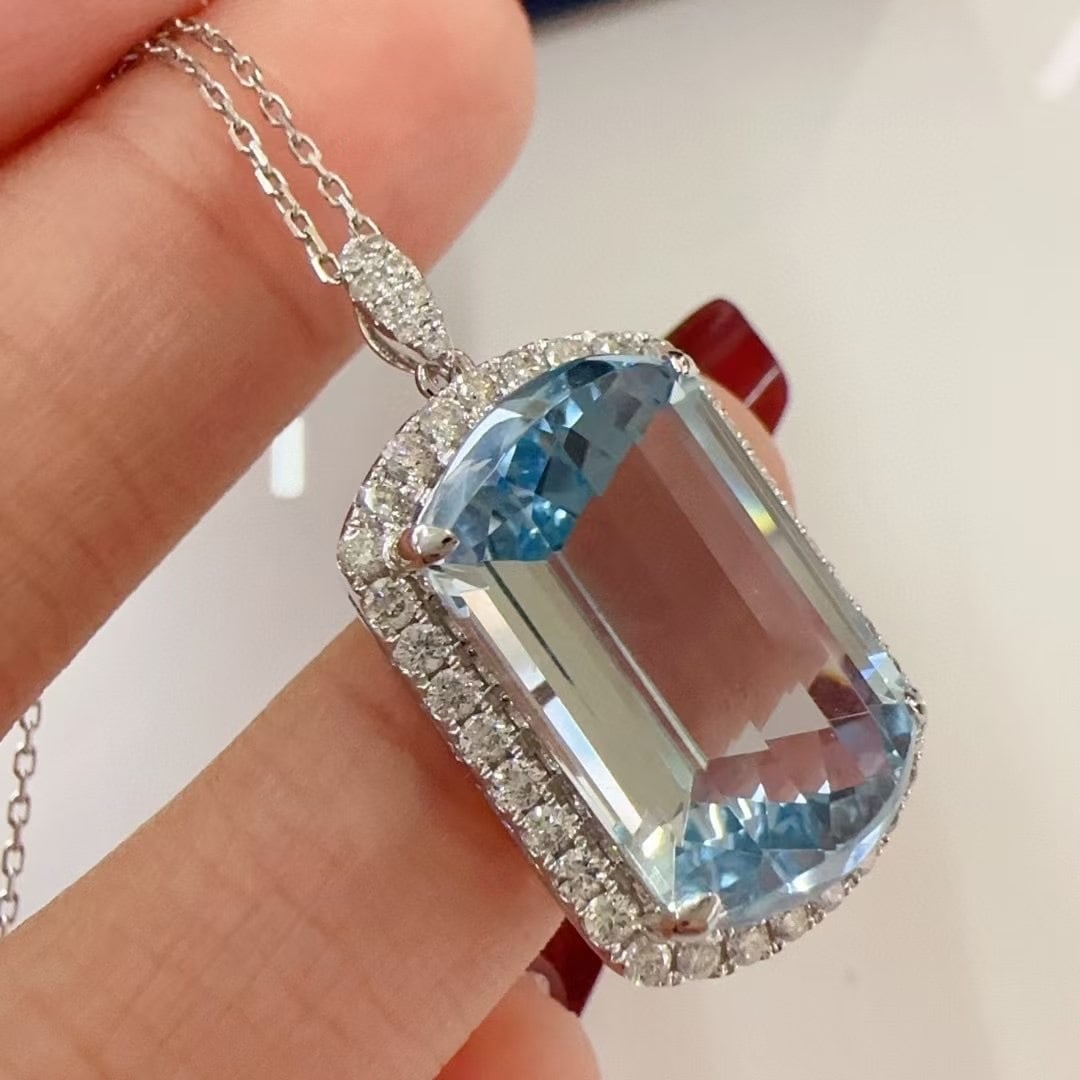 14k Gold 10.54 Ctw Natural Aquamarine & Diamond Pendant( Without Chain ) - 2