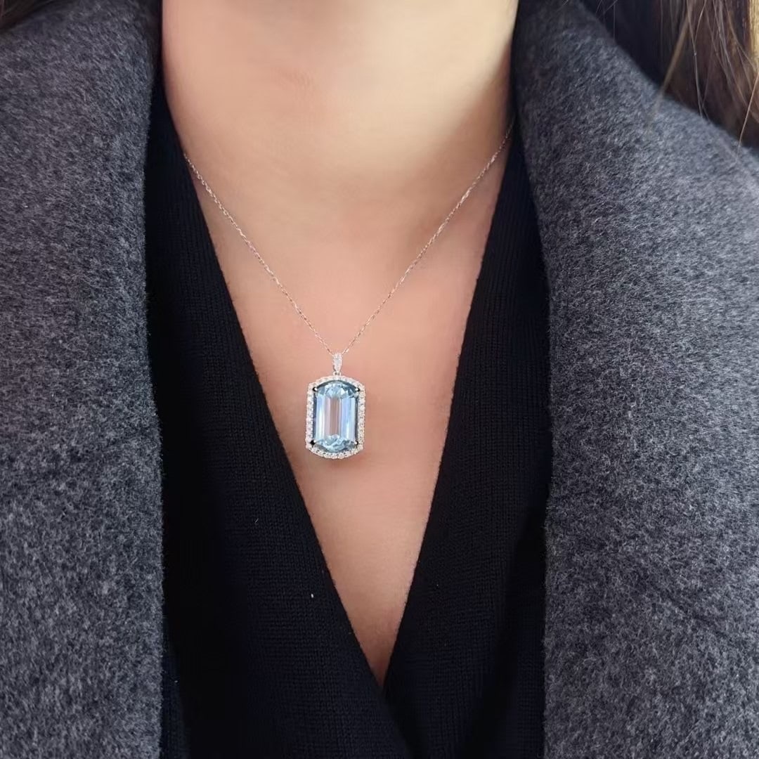 14k Gold 10.54 Ctw Natural Aquamarine & Diamond Pendant( Without Chain ) - 5