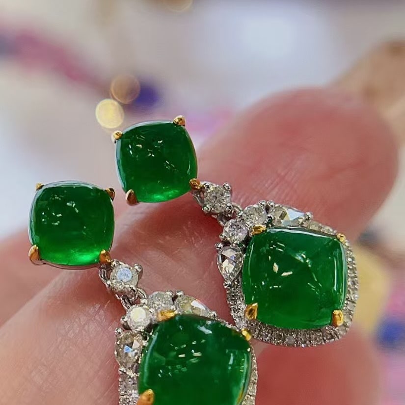 14k Gold 5.1 Ct Natural Emerald & Diamond Earrings - 4