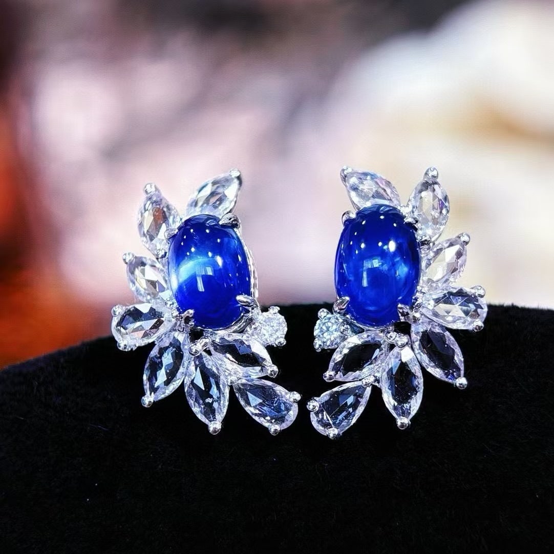 14k Gold 1.5 Ct Natural Sapphire & Sapphire & Diamond Earrings (1 of 7)