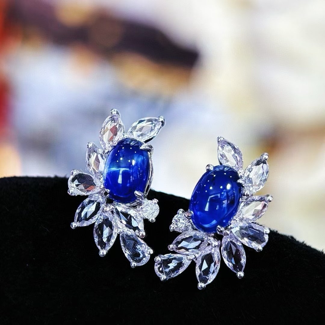 14k Gold 1.5 Ct Natural Sapphire & Sapphire & Diamond Earrings - 2