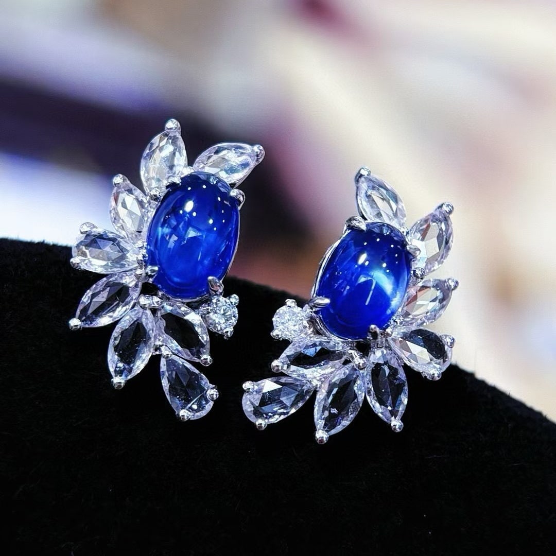 14k Gold 1.5 Ct Natural Sapphire & Sapphire & Diamond Earrings - 3