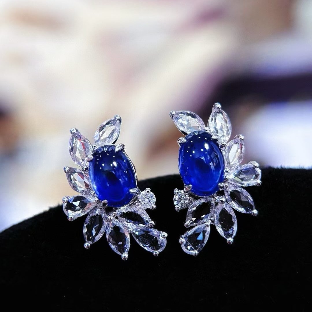14k Gold 1.5 Ct Natural Sapphire & Sapphire & Diamond Earrings - 5