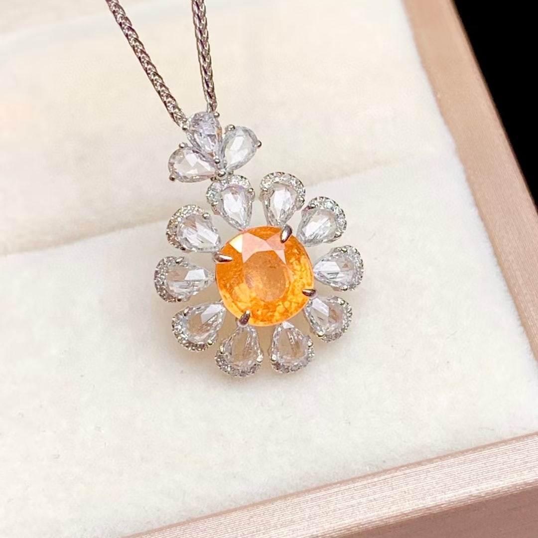 14k Gold 1.8 Ct Natural Spessartine & Diamond & Sapphire Pendant( Without Chain ) - 4