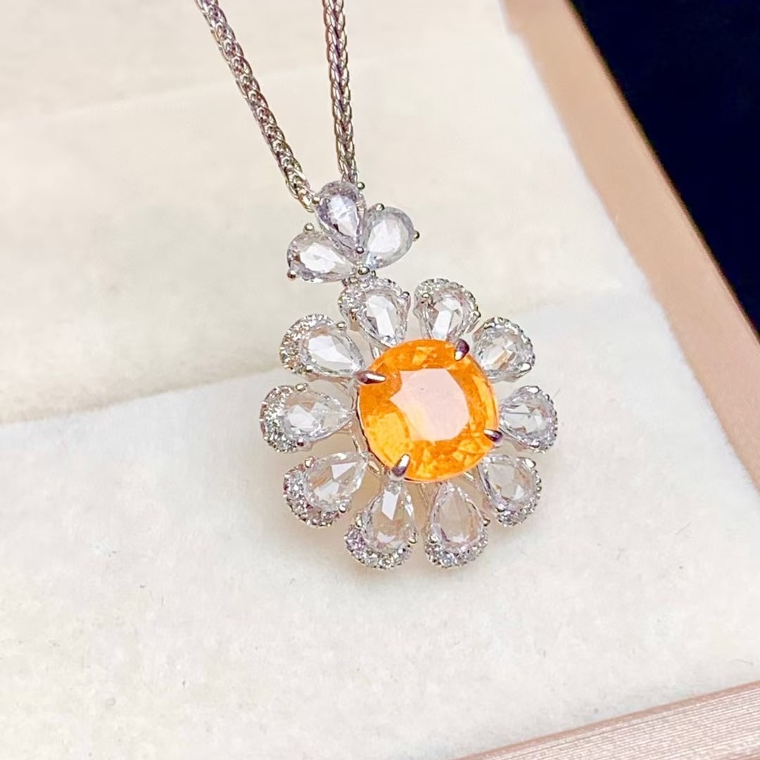 14k Gold 1.8 Ct Natural Spessartine & Diamond & Sapphire Pendant( Without Chain ) - 5