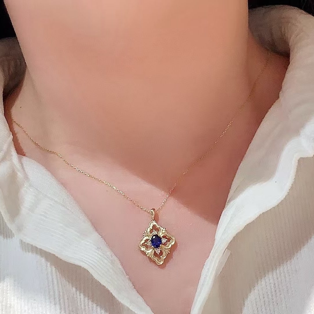 14k Gold 0.65 Ctw Natural Sapphire & Diamond Pendant( Without Chain ) - 2