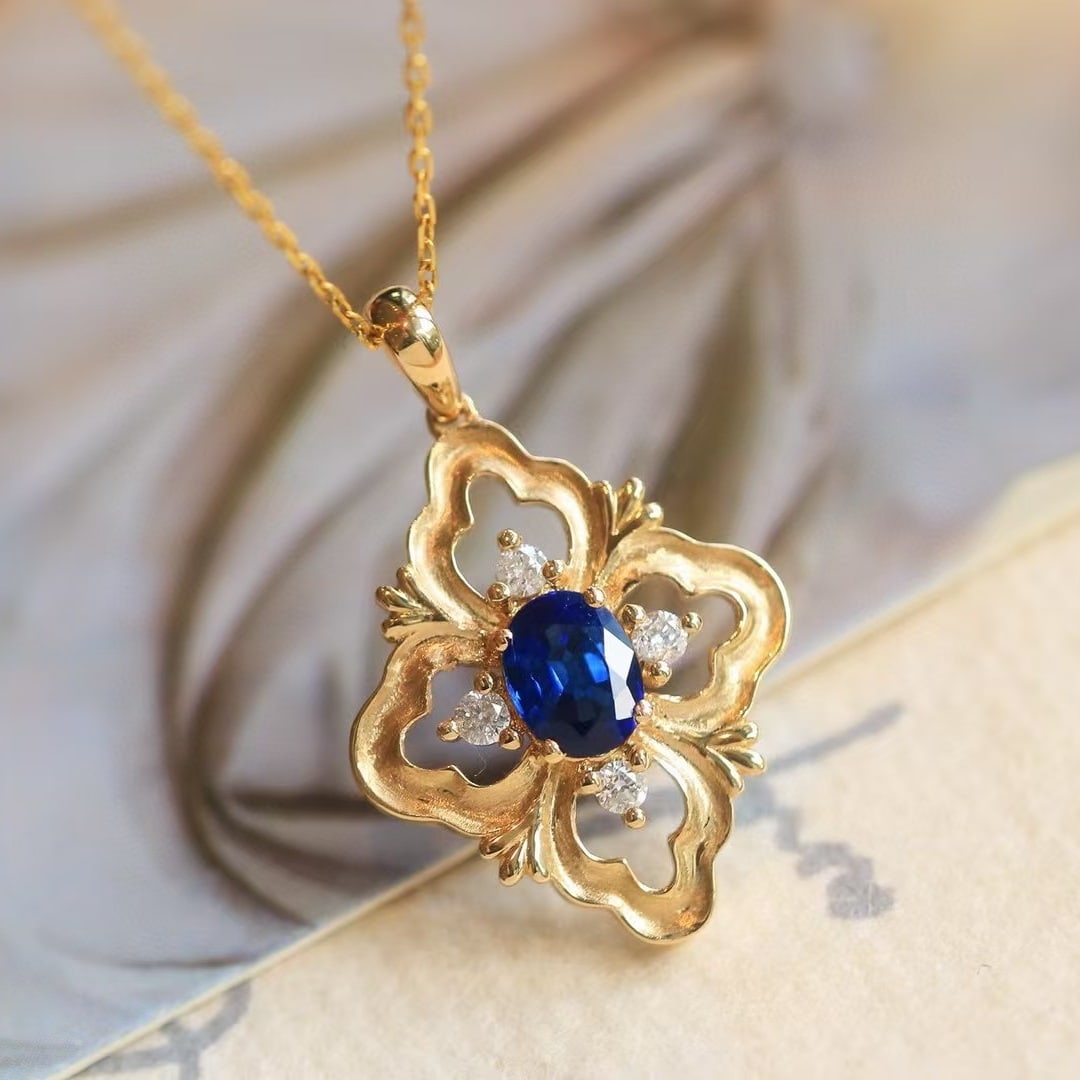 14k Gold 0.65 Ctw Natural Sapphire & Diamond Pendant( Without Chain ) - 3