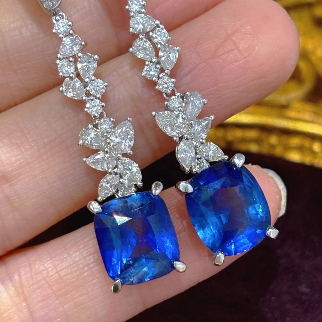 14k Gold 9.6 Ctw Natural Sapphire & Diamond Earrings: Ref:230945143 // gold content:14k gold // main gemstone:sapphire // shape:cushion // carat weight:7. 9ct // color:blue // treatment:natural // // adjacent gemstone 2 : diamond // shape:multiply //