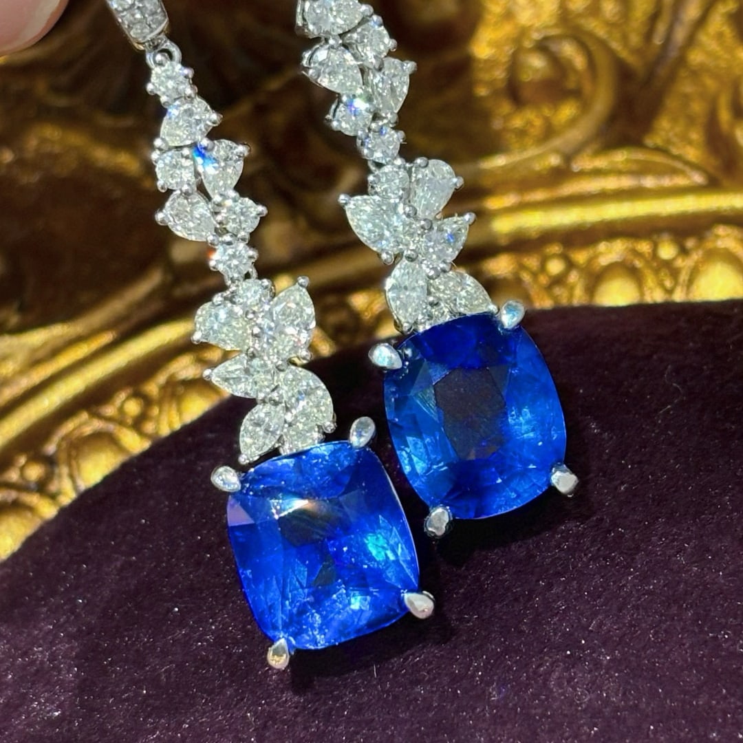14k Gold 9.6 Ctw Natural Sapphire & Diamond Earrings - 3
