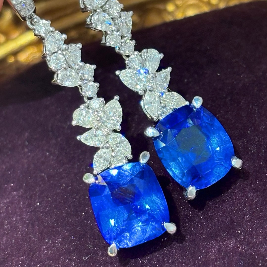 14k Gold 9.6 Ctw Natural Sapphire & Diamond Earrings - 4