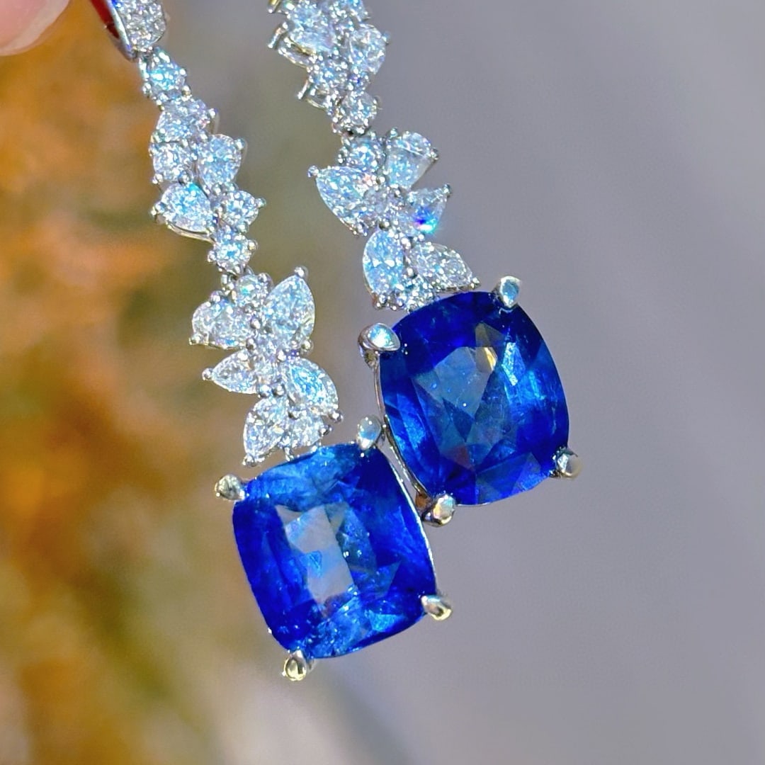 14k Gold 9.6 Ctw Natural Sapphire & Diamond Earrings - 6