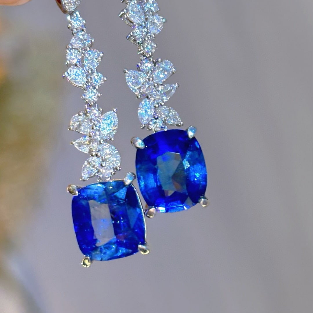 14k Gold 9.6 Ctw Natural Sapphire & Diamond Earrings - 8