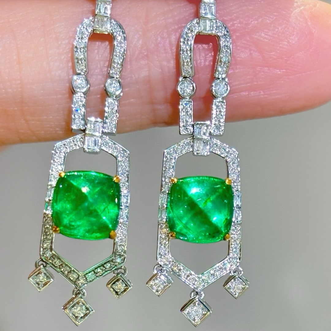14k Gold 3.6 Ct Natural Emerald & Diamond Earrings - 3